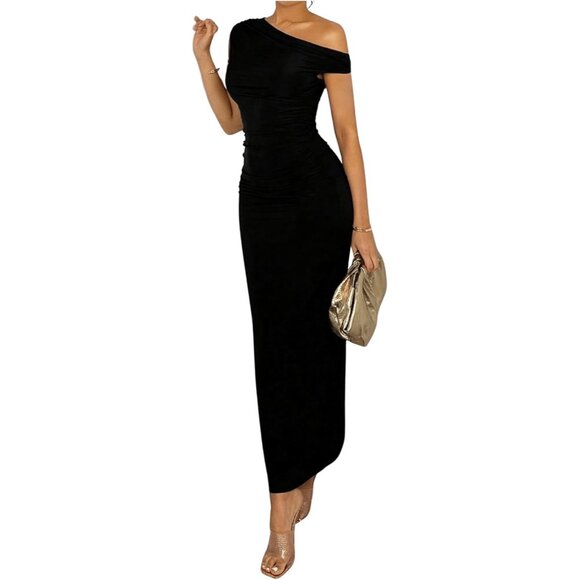 Dresses & Skirts - Women's Off Shoulder Maxi Dress Bodycon Ruched Asymmetrical Neck Casual Evening